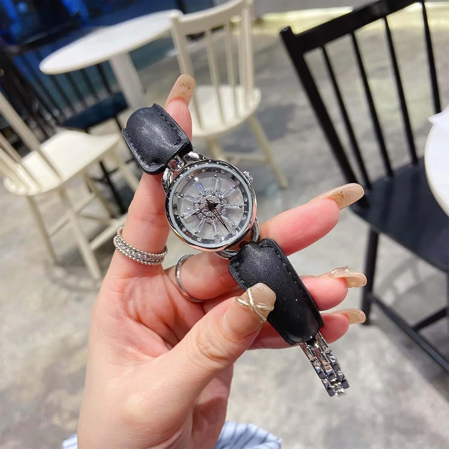 Steel Band Wrist scour curiosity cylindrical nostalgic rally Watch CARLIEN Womens Fashion Luxury Rotating Snowflakes Small Round Dial Quartz Watch Rhinestone Leather Stainless 