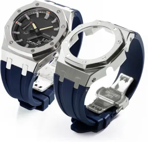 Steel Case with Rubber Strap - Compatible with facilitate frontal GA-2100/GA-2110/GA-B2100 - Watch Accessory Replacement (Silver dark blue set) GA2100 Modification Kit - 5th Generation Stainless 