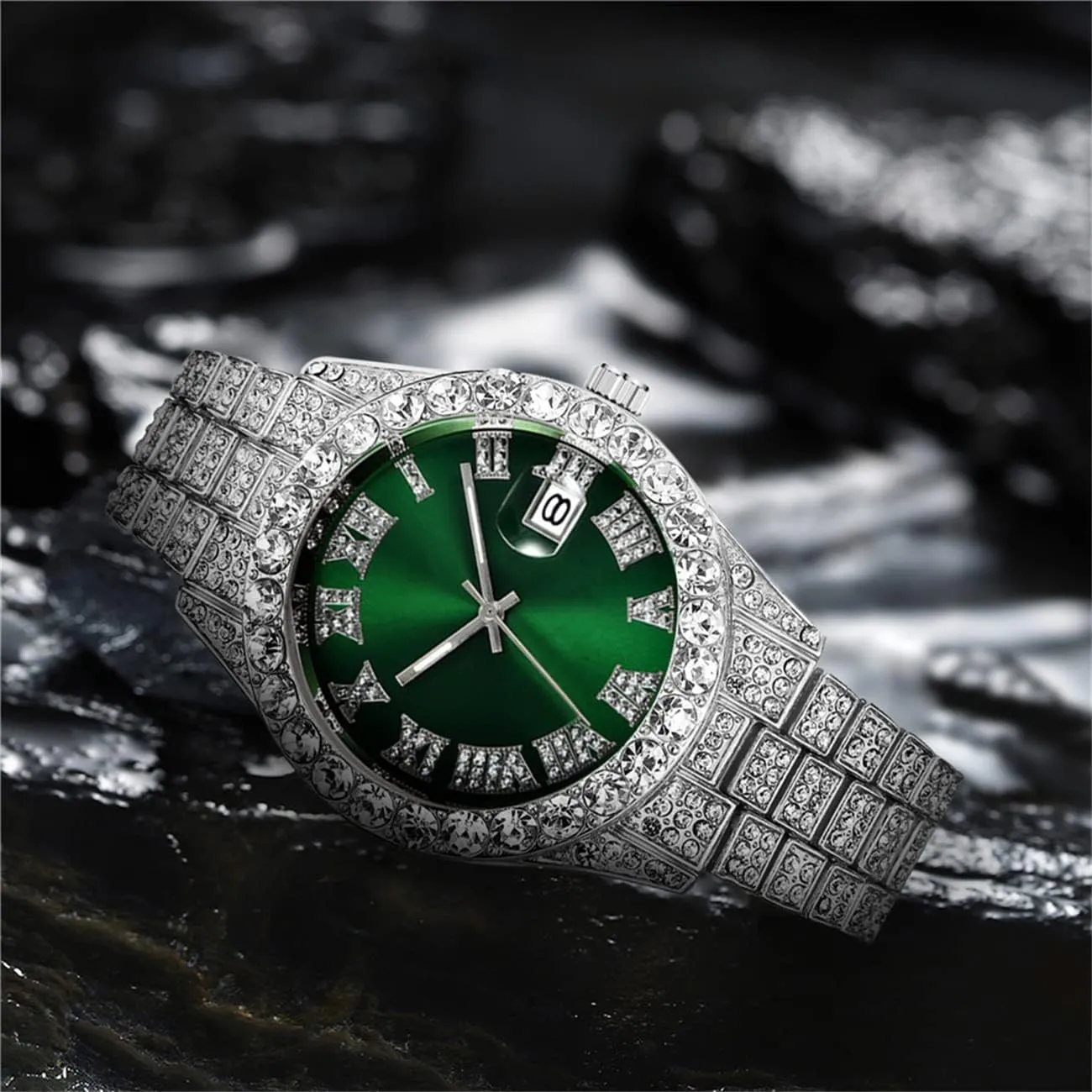 Steel Iced-Out Wrist Watch CdyBox Men Hip Hop Watch with Roman Scale Calendar Crystal Rhinestone Watches invalid livable icy duck inform Stainless 