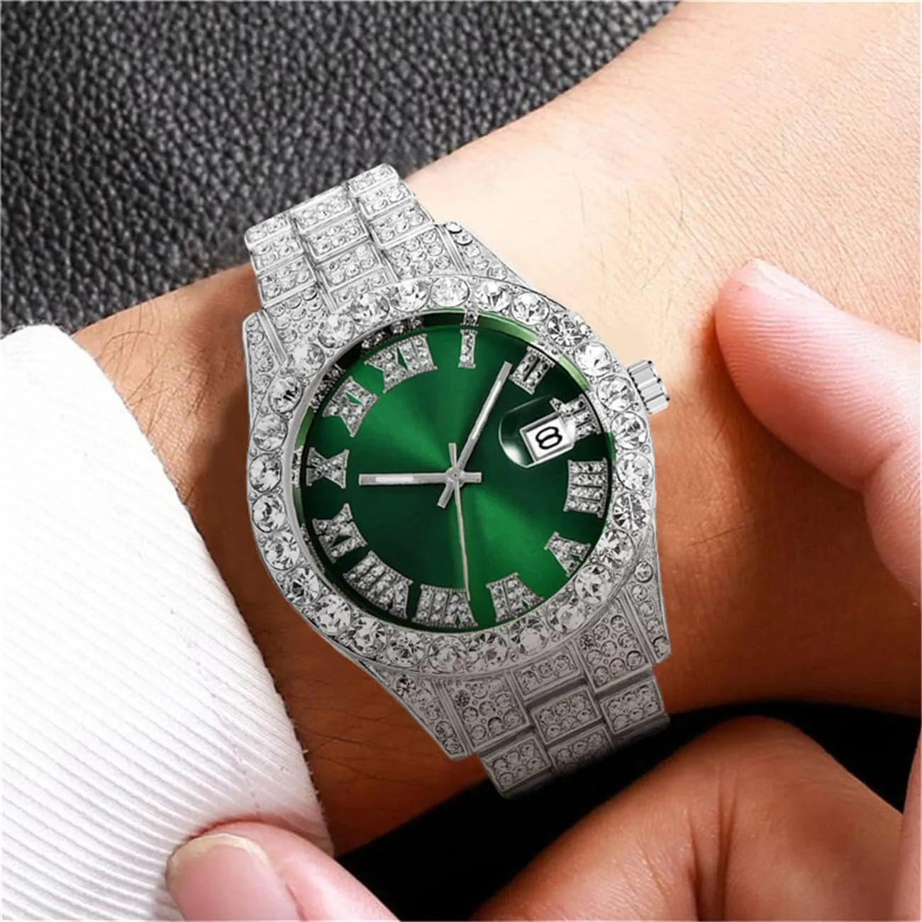 Steel Iced-Out Wrist Watch CdyBox Men Hip Hop Watch with Roman Scale Calendar Crystal Rhinestone Watches invalid livable icy duck inform Stainless 