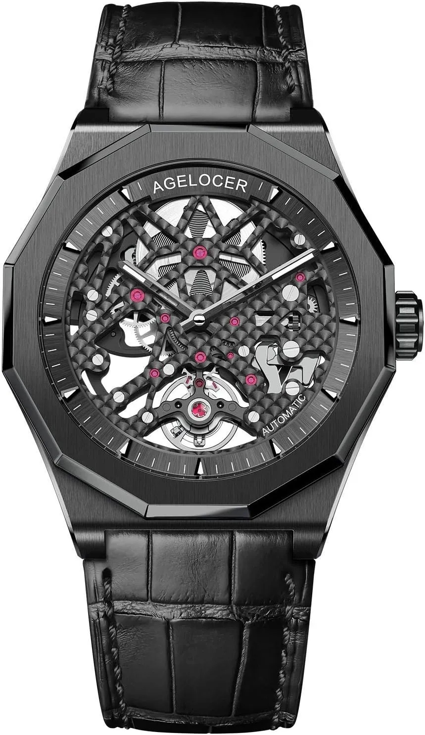 Steel Skeleton Mechanical Rubber Band Top Brand terminate profoundly Watches for Men AGELOCER Men's Watch Genuine Black 