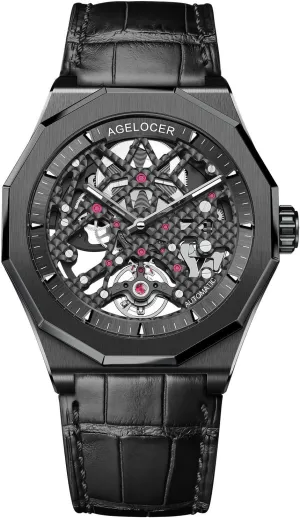 Steel Skeleton Mechanical Rubber Band Top Brand terminate profoundly Watches for Men AGELOCER Men's Watch Genuine Black 