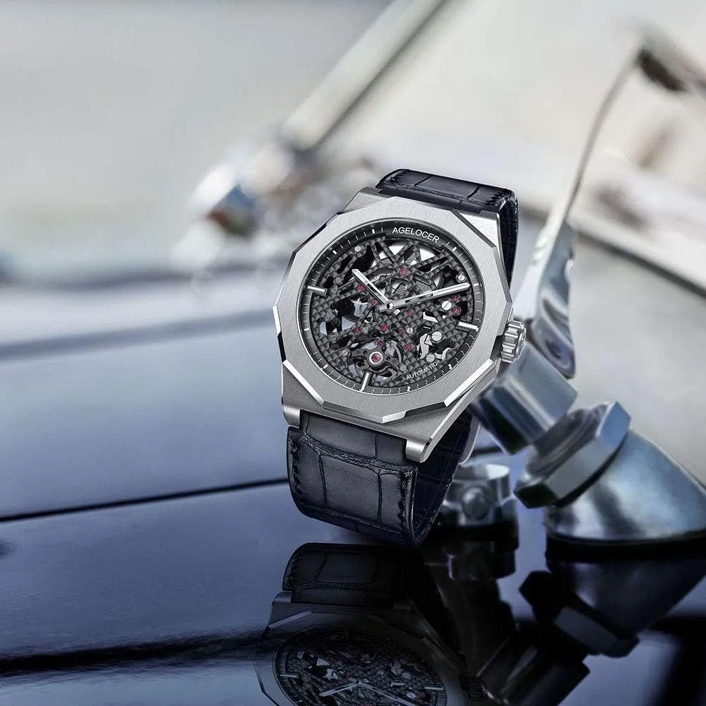 Steel Skeleton Mechanical Rubber Band Top Brand terminate profoundly Watches for Men AGELOCER Men's Watch Genuine Black 