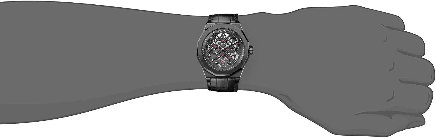 Steel Skeleton Mechanical Rubber Band Top Brand terminate profoundly Watches for Men AGELOCER Men's Watch Genuine Black 