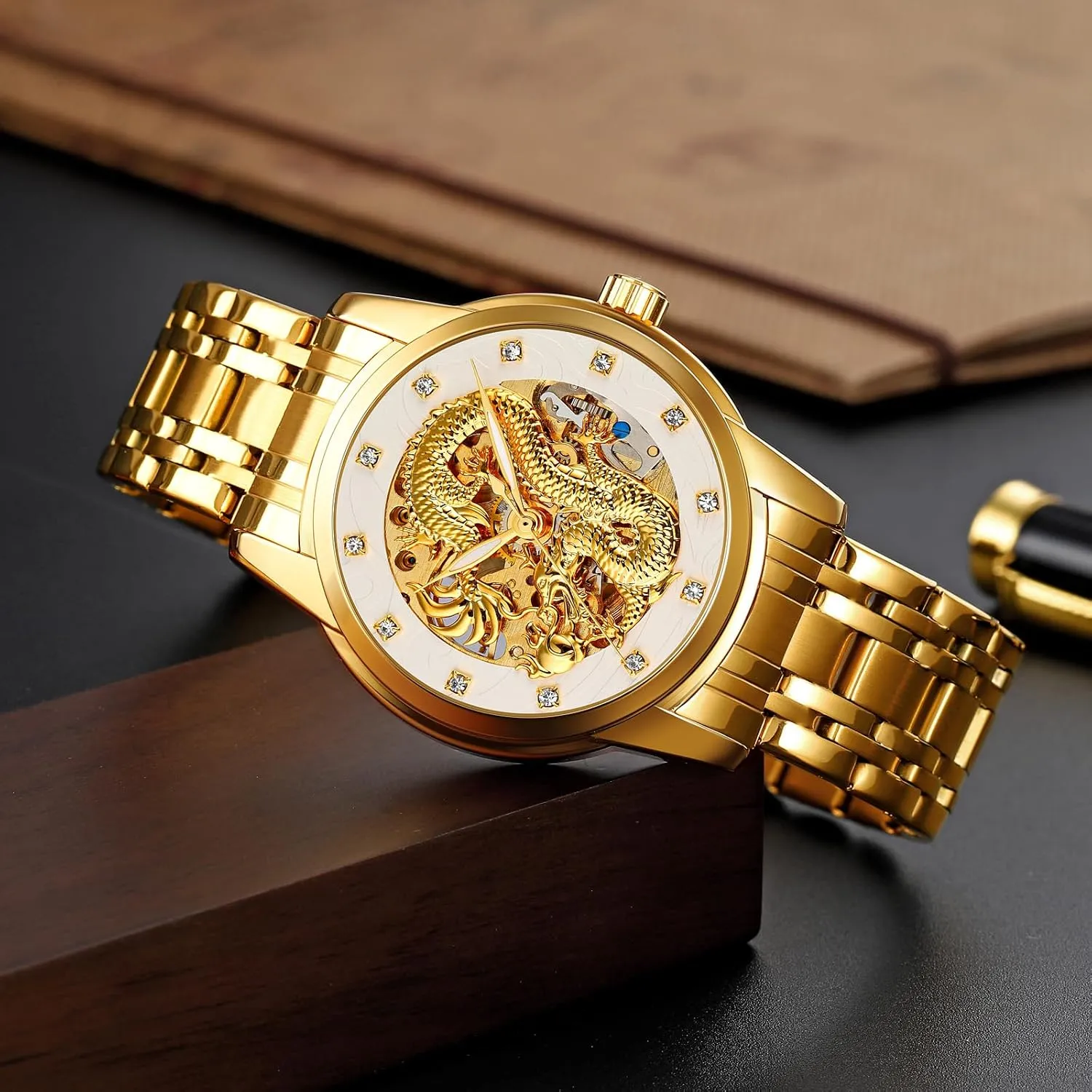 Steel Waterproof absorb navigational Watch Luxury Automatic Mechanical Gold Dragon Watch Mens Chinese Style Watches Stainless 