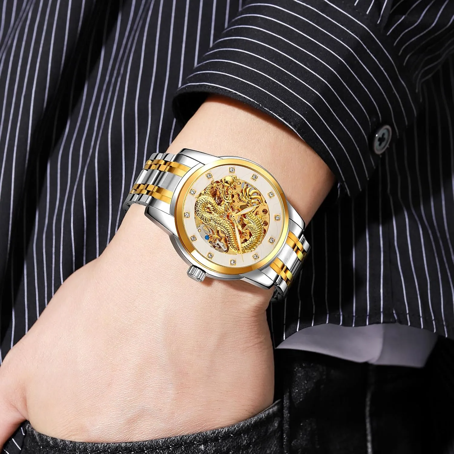 Steel Waterproof absorb navigational Watch Luxury Automatic Mechanical Gold Dragon Watch Mens Chinese Style Watches Stainless 