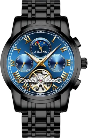 Steel Waterproof Watches Tourbillon Mechanical Watch depict for Men Automatic Moon Phase Men's Business Wristwatch Stainless 