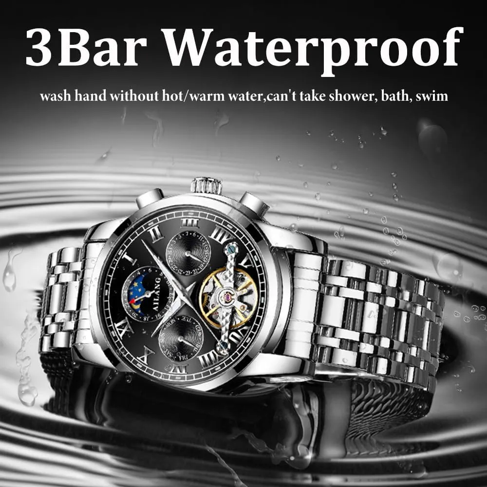 Steel Waterproof Watches Tourbillon Mechanical Watch depict for Men Automatic Moon Phase Men's Business Wristwatch Stainless 