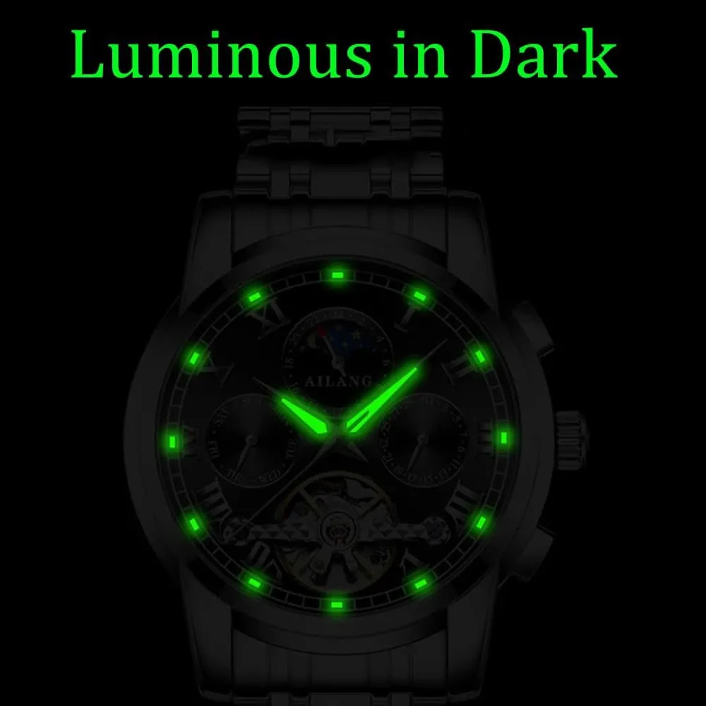 Steel Waterproof Watches Tourbillon Mechanical Watch depict for Men Automatic Moon Phase Men's Business Wristwatch Stainless 