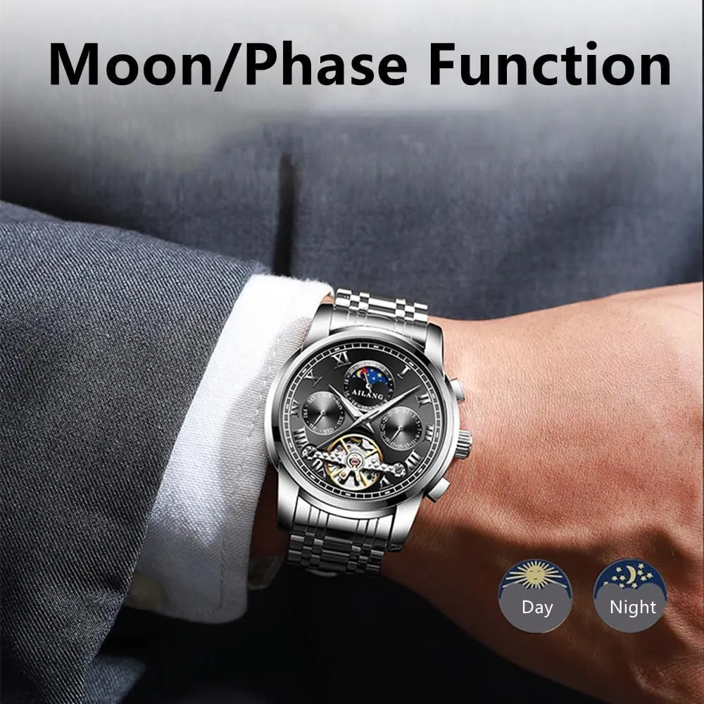Steel Waterproof Watches Tourbillon Mechanical Watch depict for Men Automatic Moon Phase Men's Business Wristwatch Stainless 