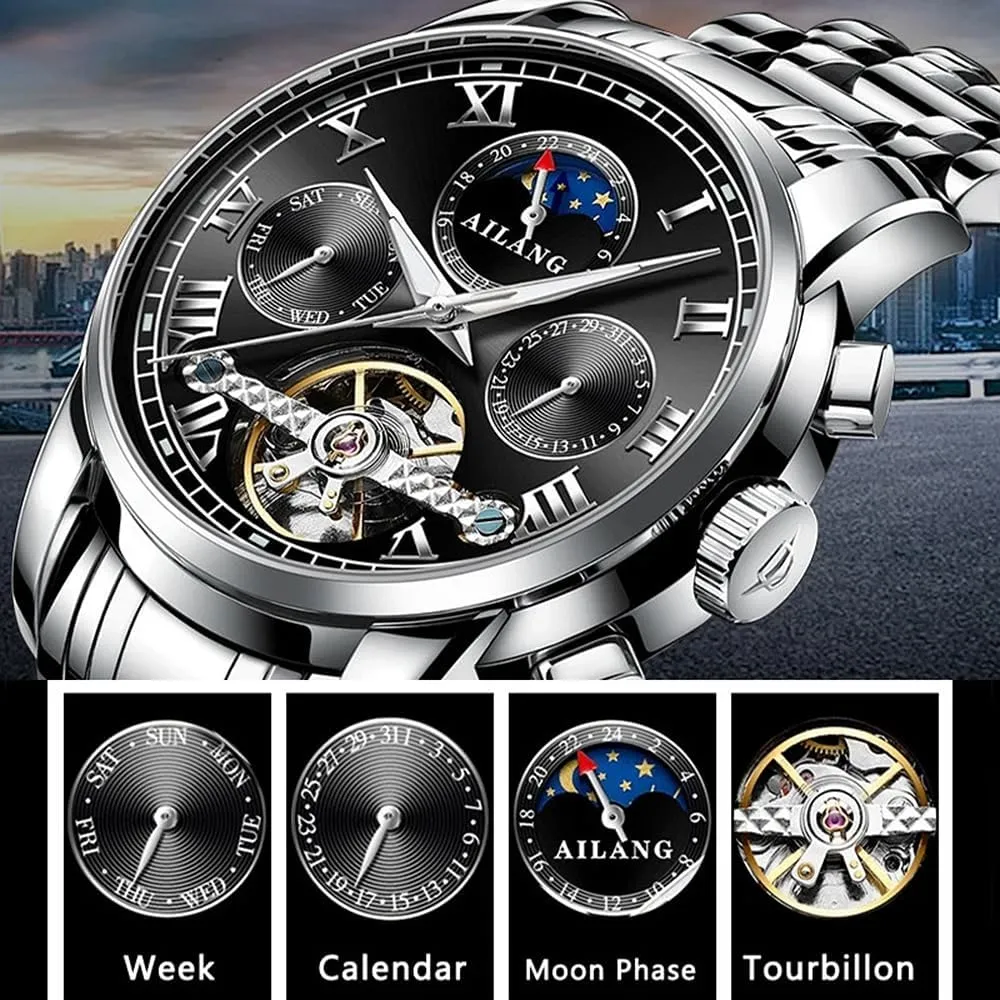 Steel Waterproof Watches Tourbillon Mechanical Watch depict for Men Automatic Moon Phase Men's Business Wristwatch Stainless 