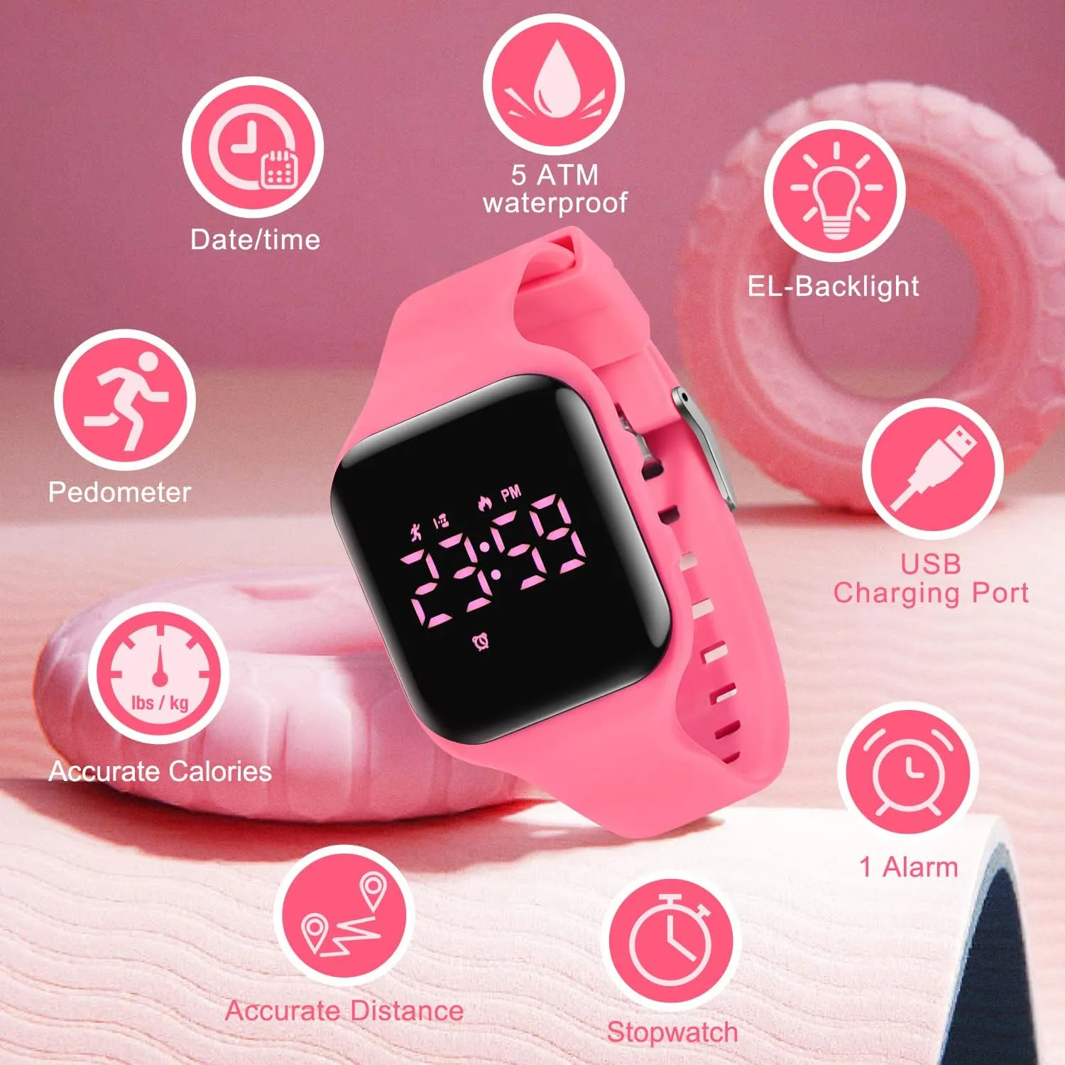 Step Counter Pedometer Vibration Alarm Clock, No App Waterproof Fitness Tracker Kids Watch Boys Girls Teens Students Ages 5-16 Kids Watches for Girls igneous Boys Digital Sport Watch with 