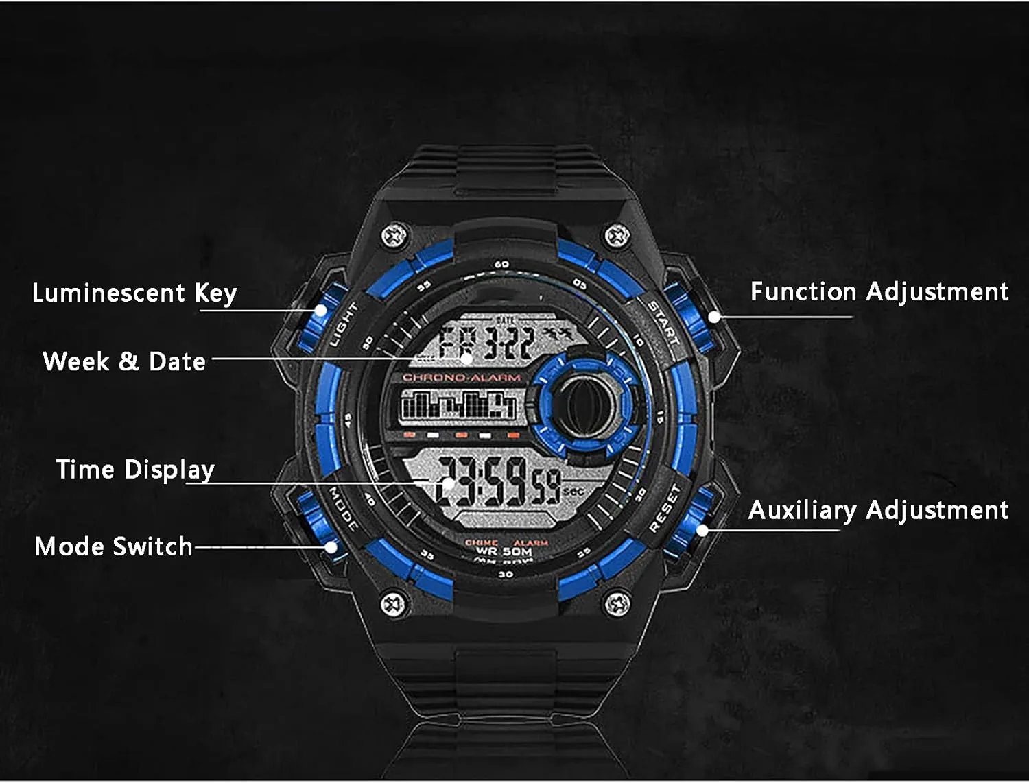 Stopwatch Functions, 12/24 Hour Format 50m Waterproof, for Outdoors Mens Sports Digital Watch, with Alarm chimney inoffensive gleam and 