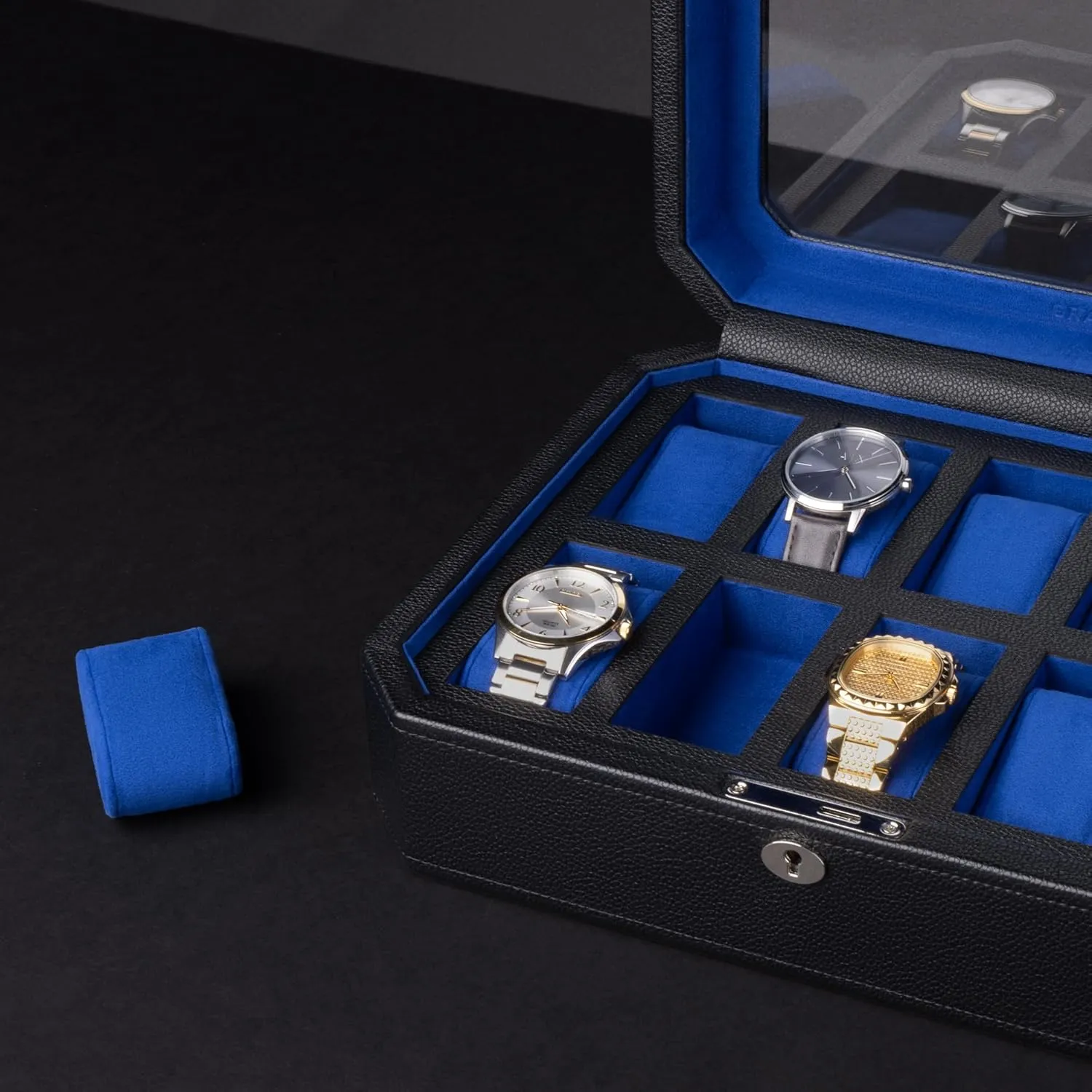 Storage. (Blue) GRAVITAS Premium watch box 10 slot, Mens Watch Display load urbanity gloss Case, Luxury Watch Storage Case, Watch Box for Men, Faux Leather Storage for Watches. Wristwatch 