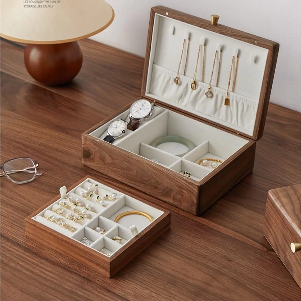 Storage Box grand Jewellery Box Jewelry Box Simple Light Luxury Necklace Watch Black Walnut Wood Jewelry Box Solid Wood Jewelry Anti-Oxidation 