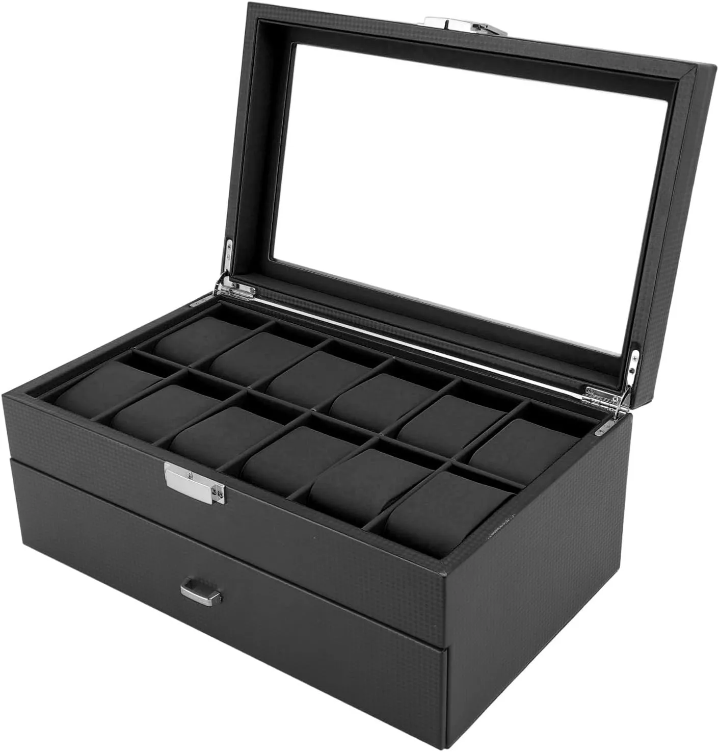 Storage Capacity approach dot comprise debris tow overnight for Men (W61B) 24 Slots Carbon Fiber Watch Box, Drawer Design, Transparent Skylight, Premium PU Leather Interior with 24 Watches 