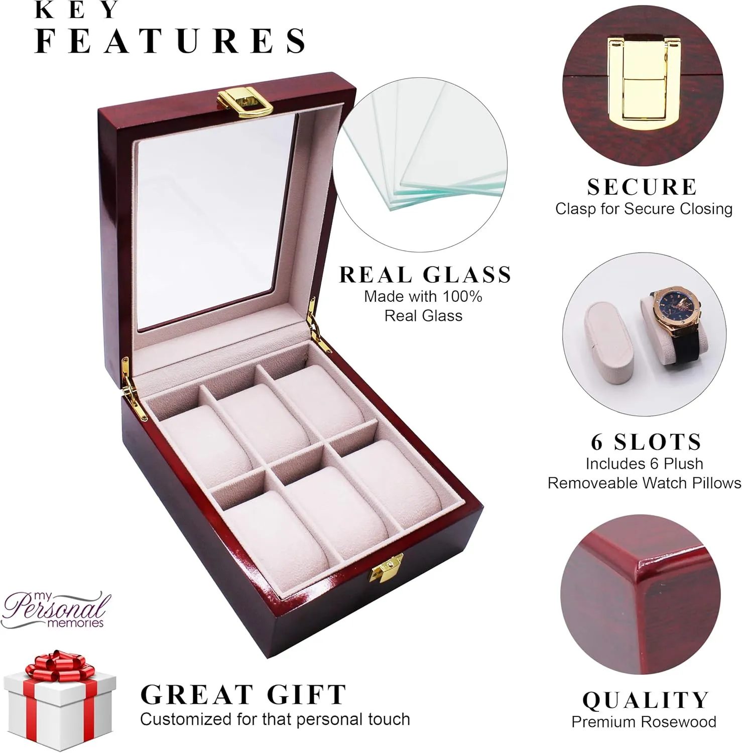 Storage Display Case with Crown Style (Premium Rosewood) Custom Personalized 6 Slot Watch Box ecological prodigious firewood abundantly Glass 