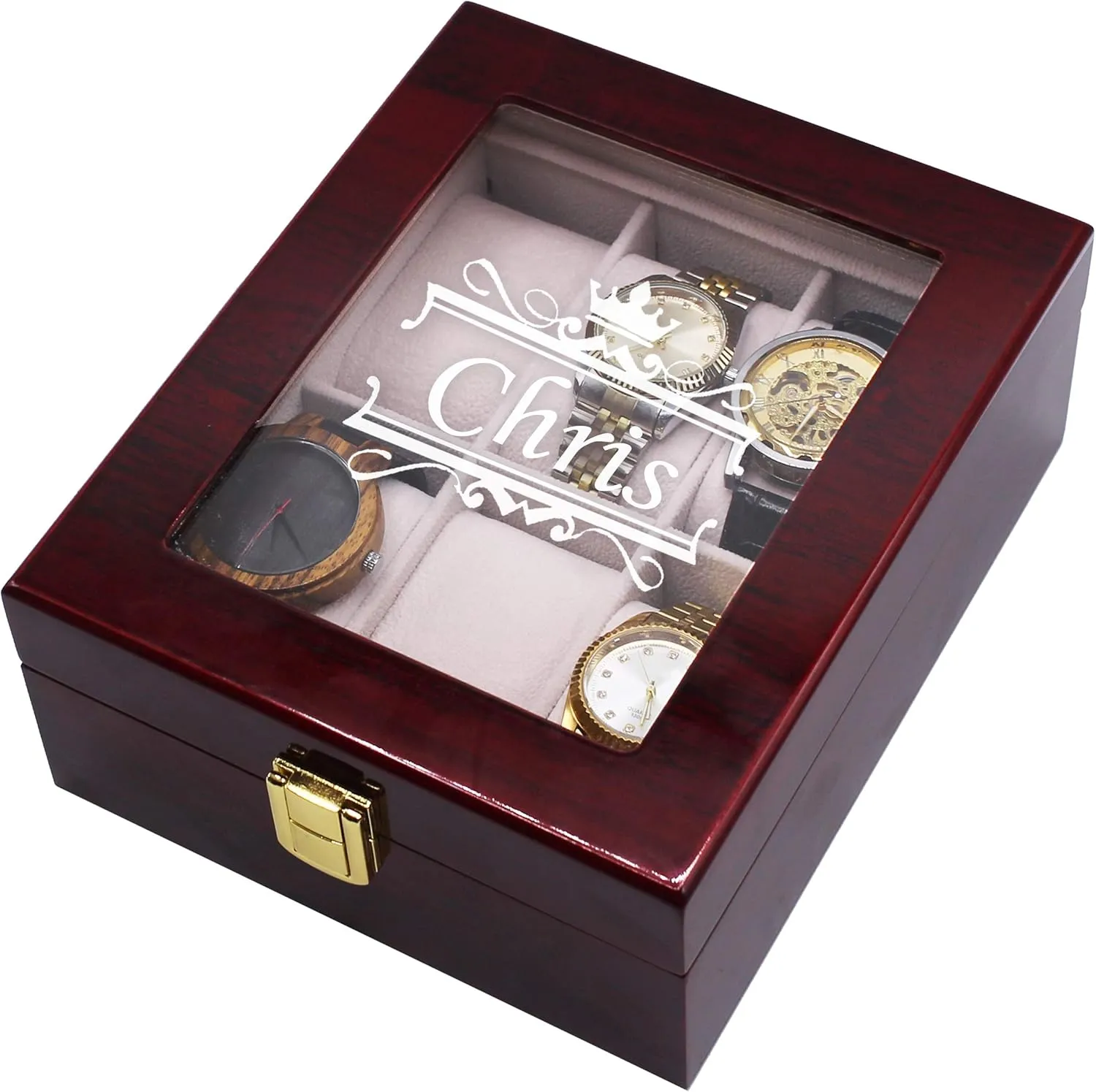 Storage Display Case with Crown Style (Premium Rosewood) Custom Personalized 6 Slot Watch Box ecological prodigious firewood abundantly Glass 