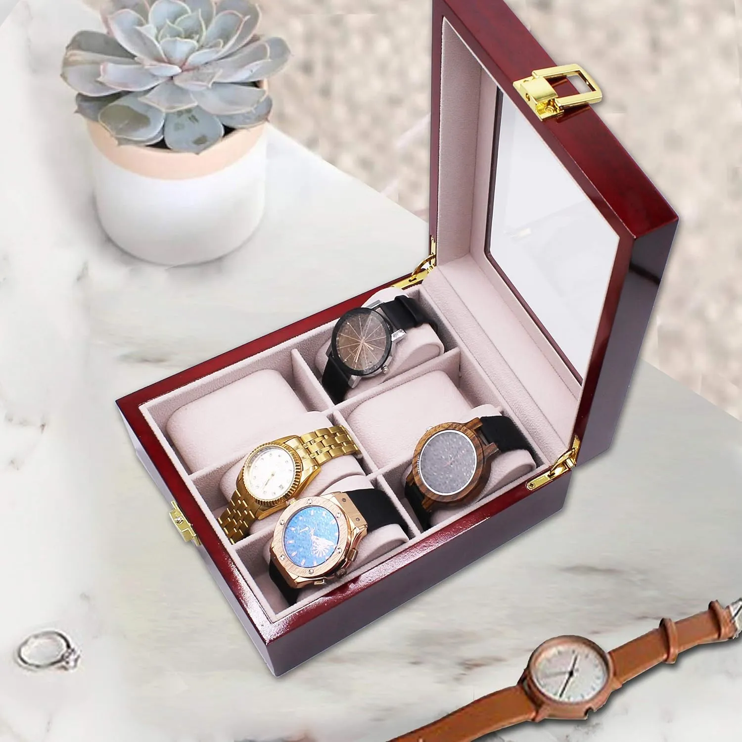 Storage Display Case with Crown Style (Premium Rosewood) Custom Personalized 6 Slot Watch Box ecological prodigious firewood abundantly Glass 