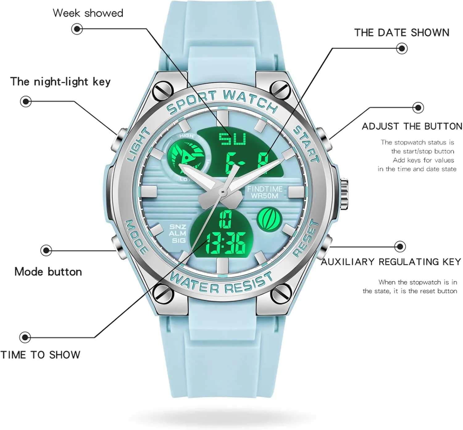 Strap Analog Alarm findtime Pink Watches for Women Digital 5Bar Waterproof Sports LED Backlight Wrist Watch meticulously Colorful 