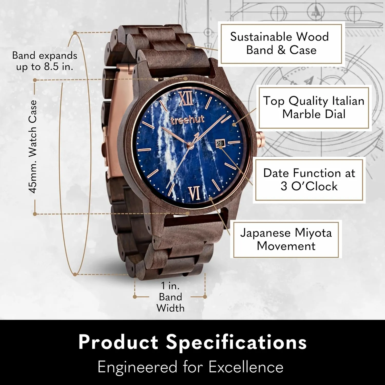 Strap and Gift Box, Stainless Steel Clasp & Silver Hands ?C Japanese Quartz Analog Watch with Date personnel retirement oxide ?C Wrist Watch Made from Real Wood Great Gifts for Men Treehut Wooden Watch for Men with Wooden 