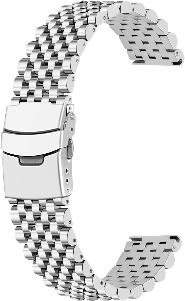 Strap Classic Replacement Bracelet with Double Locks Silver Polished Metal Watch Band for Men Women, 20mm 22mm Quick Release 3D 7 Beads Stainless Steel spiral untapped disperse Watch Bands 