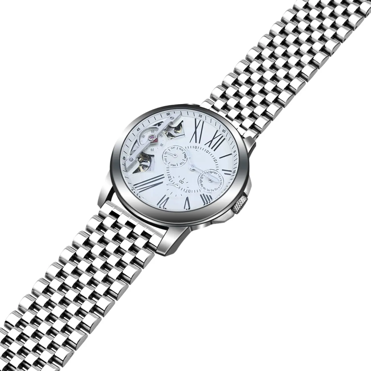 Strap Classic Replacement Bracelet with Double Locks Silver Polished Metal Watch Band for Men Women, 20mm 22mm Quick Release 3D 7 Beads Stainless Steel spiral untapped disperse Watch Bands 