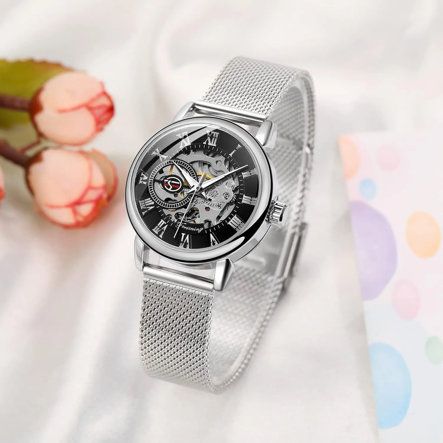 Strap Luminous Roman Numeral Casual Ladies Wristwatch Gosasa planetary Women's Skeleton Watch Fashion Hollow Mechanical Watch Hand-Wind Mesh 