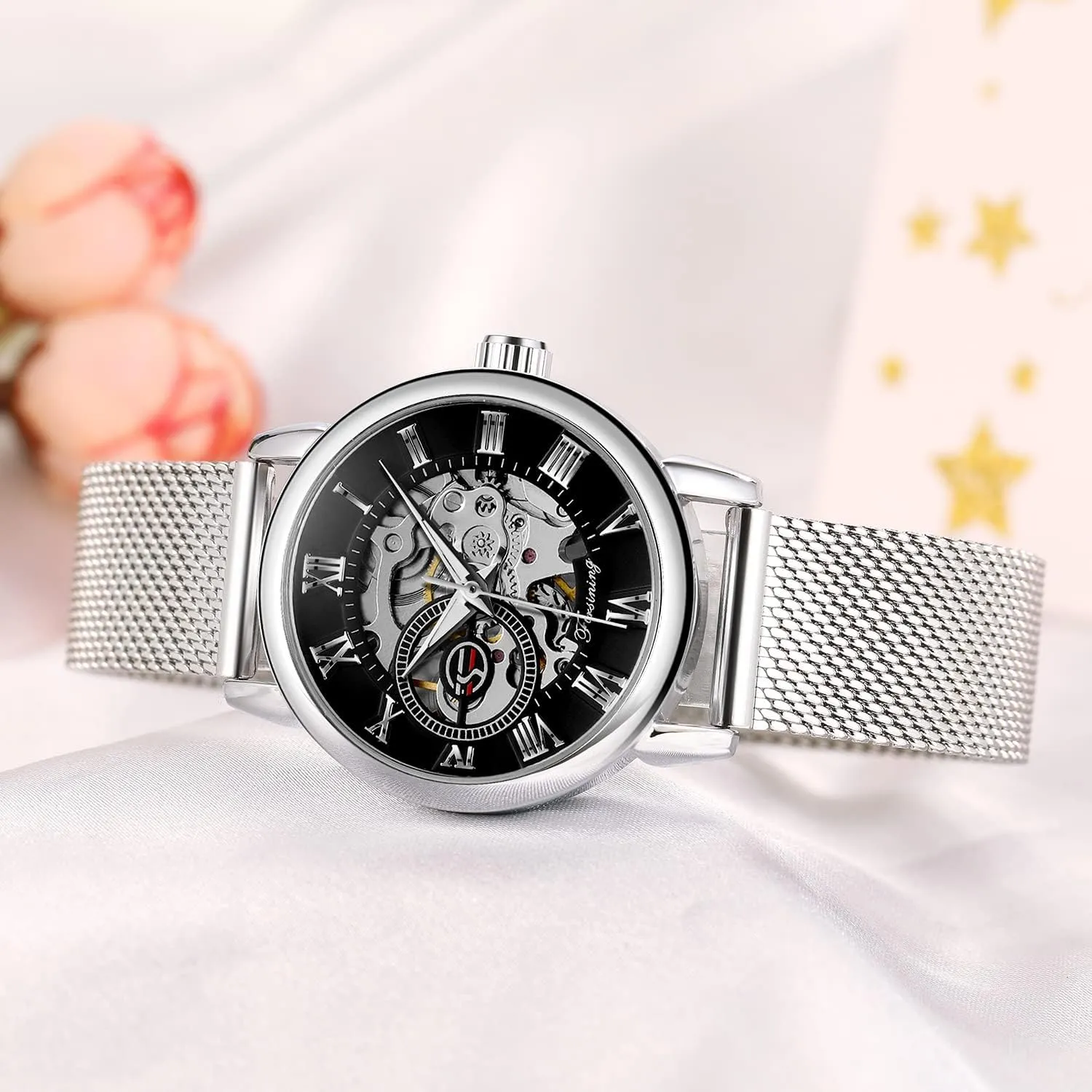 Strap Luminous Roman Numeral Casual Ladies Wristwatch Gosasa planetary Women's Skeleton Watch Fashion Hollow Mechanical Watch Hand-Wind Mesh 