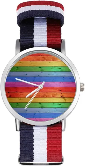 Strap Outdoor Sport Business drainage Wrist Watches Non-Scale Work Casual Watch Rustic Old Barn Wood Rainbow Nylon Braided 