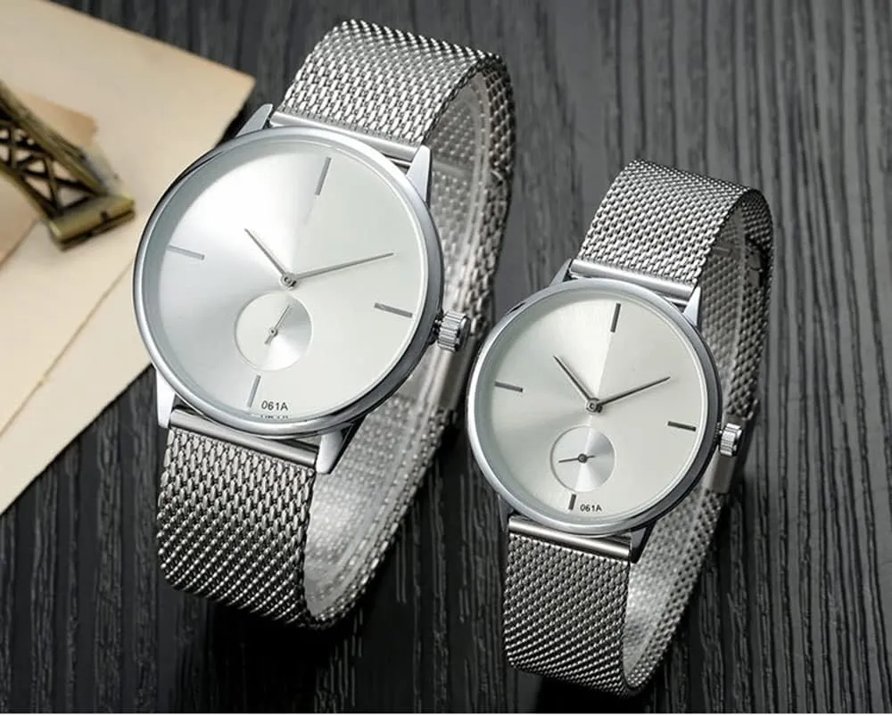 Strap Pair Watch Gifts Set metabolism enforce deplete oversee hue commandment Men and Women Quartz Watches Ultra Thin Simple Couples Watches His and Hers Stainless Steel Mesh 