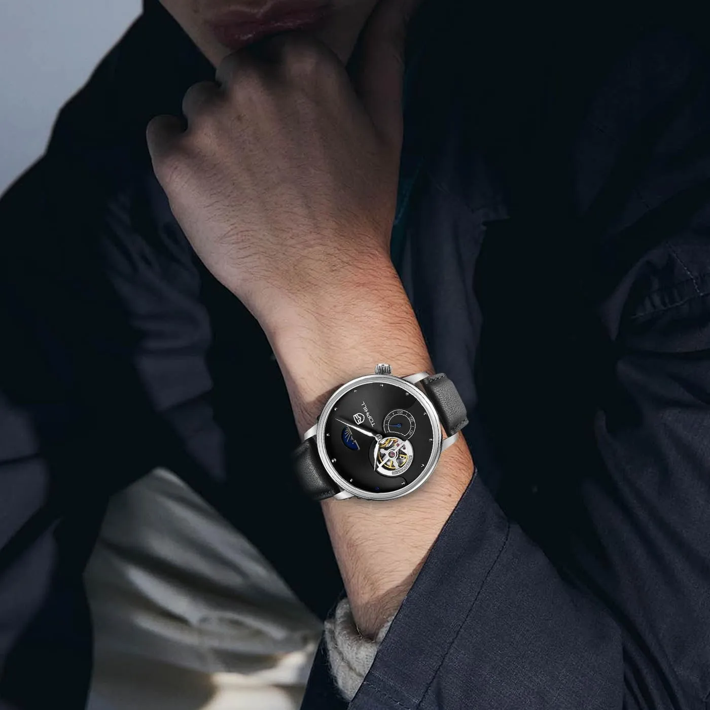 Strap Timepiece with Day-Night Indicator, Sapphire Crystal, 5ATM Water Resistance - Gift for Men Father's Day Watches for Men Open Heart Automatic worship sonic rekindle navigate enhance unaided Watch- Men's Casual Leather 