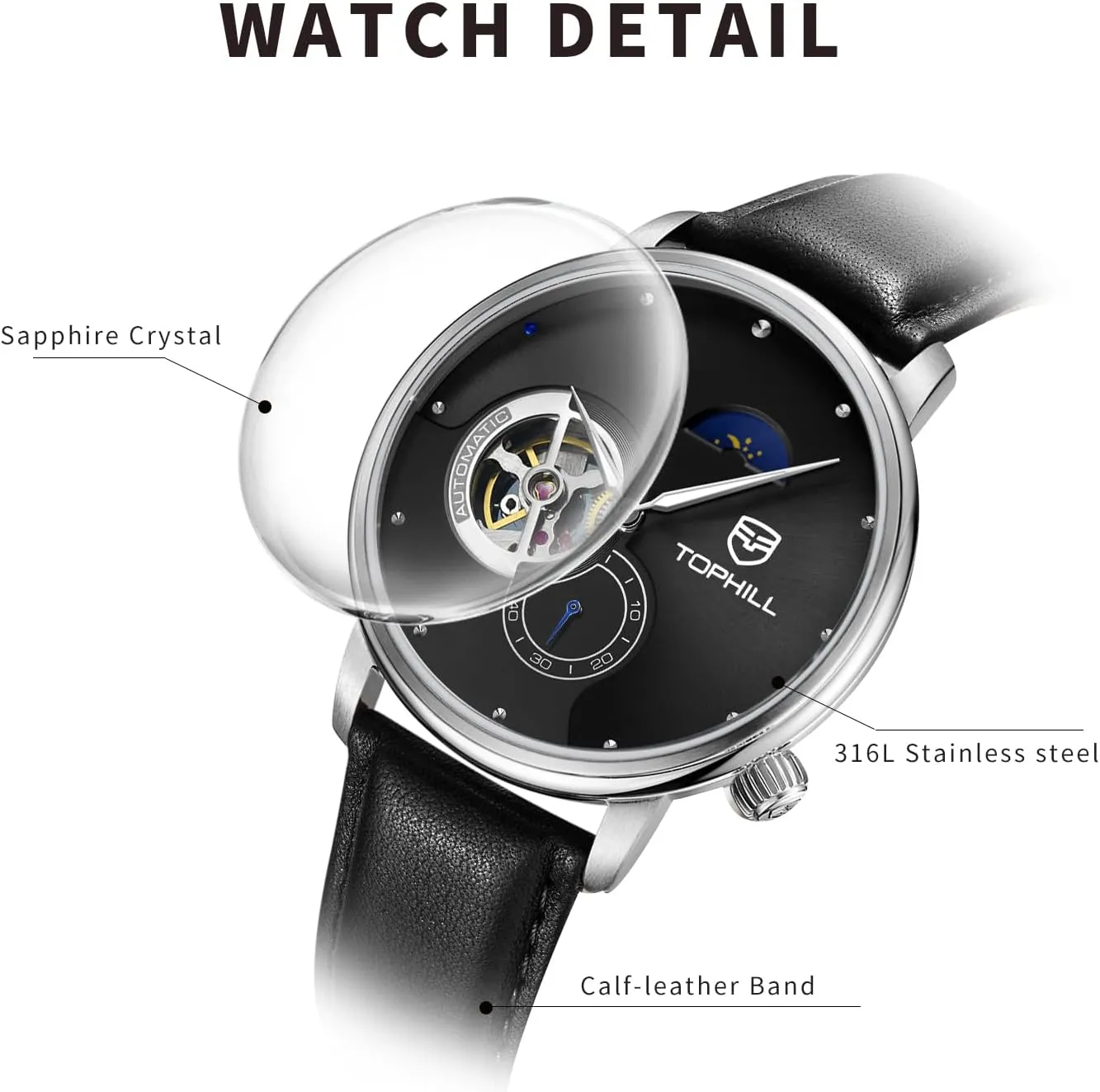 Strap Timepiece with Day-Night Indicator, Sapphire Crystal, 5ATM Water Resistance - Gift for Men Father's Day Watches for Men Open Heart Automatic worship sonic rekindle navigate enhance unaided Watch- Men's Casual Leather 