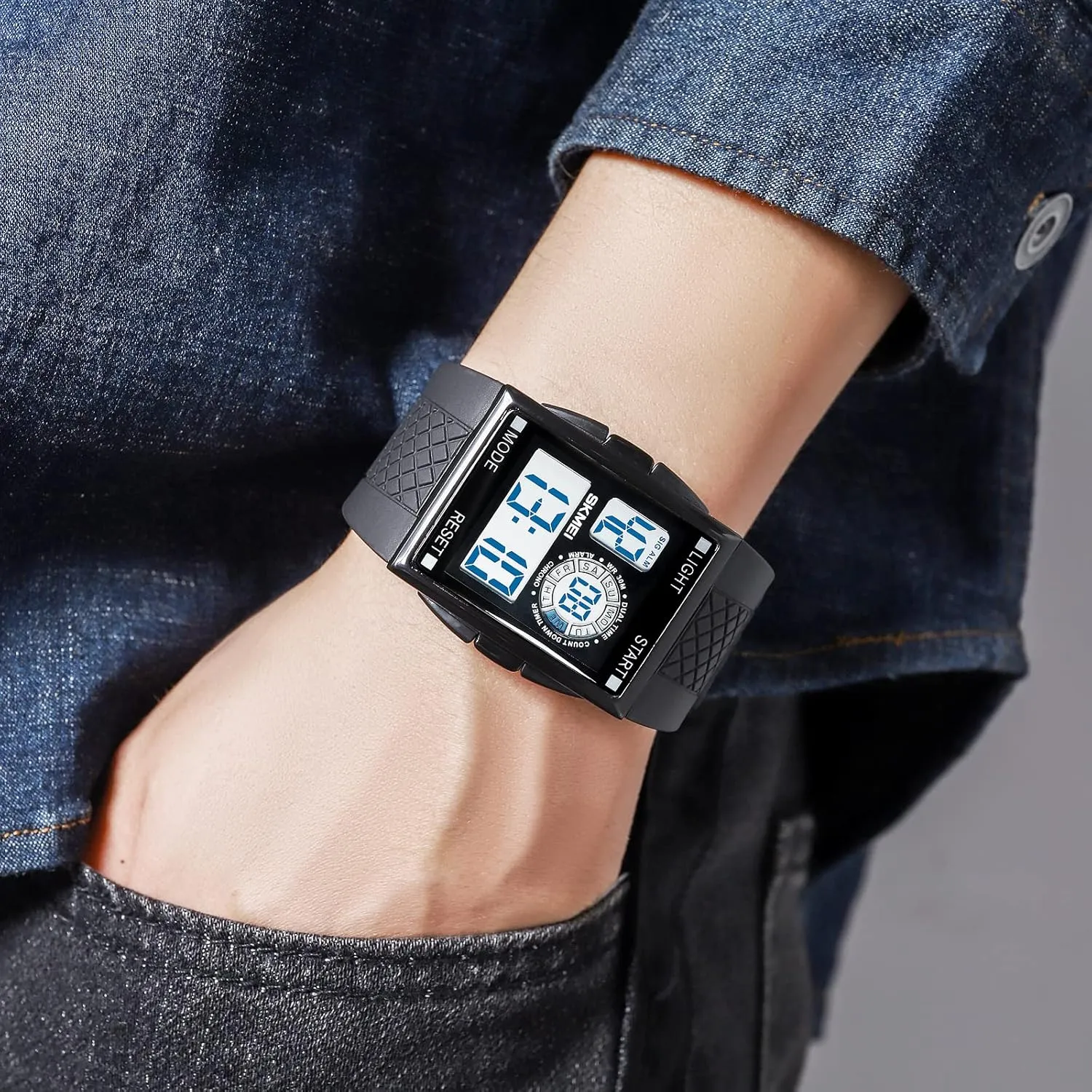 Strap Watch FANMIS bill terrible manage overirrigation Men's Rectangle Dial Sports Wrist Watches with 7 Colors Optional LED Backlight Multifunctional Alarm Stopwatch 12/24H Rubber 