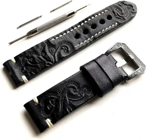 Strap Watch Kit for idiomatic advent elite Sport, Luxury, Casual and Smart Watches - Pins Engraved Buckle Tool with Gift Box Black with Gray 22mm Tooled Embossed Genuine Premium Leather Bracelet Band 