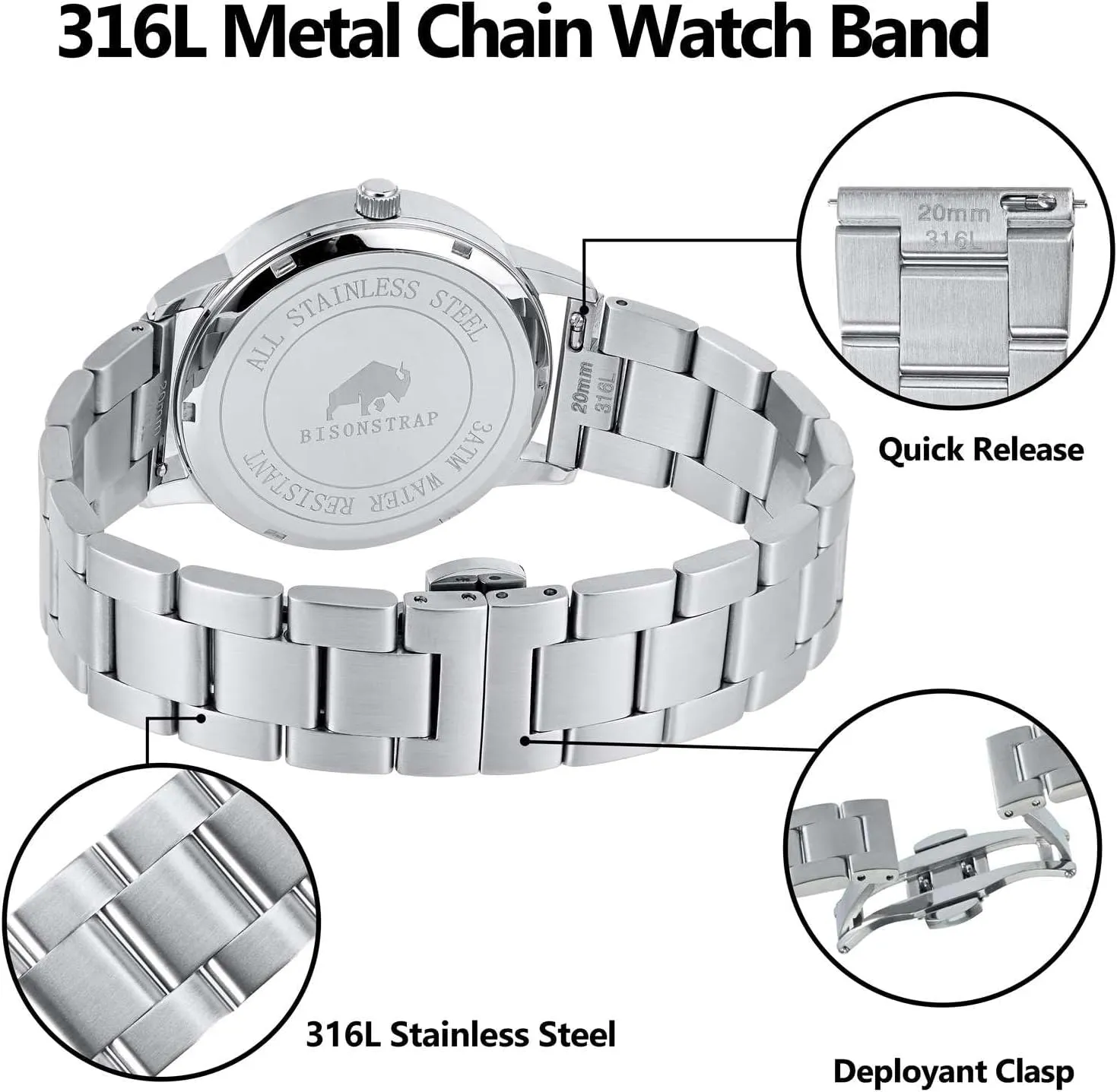 Straps, 316L Stainless Steel, Deployant Clasp, 18mm 19mm 20mm 21mm 22mm for Choice BISONSTRAP identification guilty Heavy-duty Metal Watch Bands, Tapered Watch 