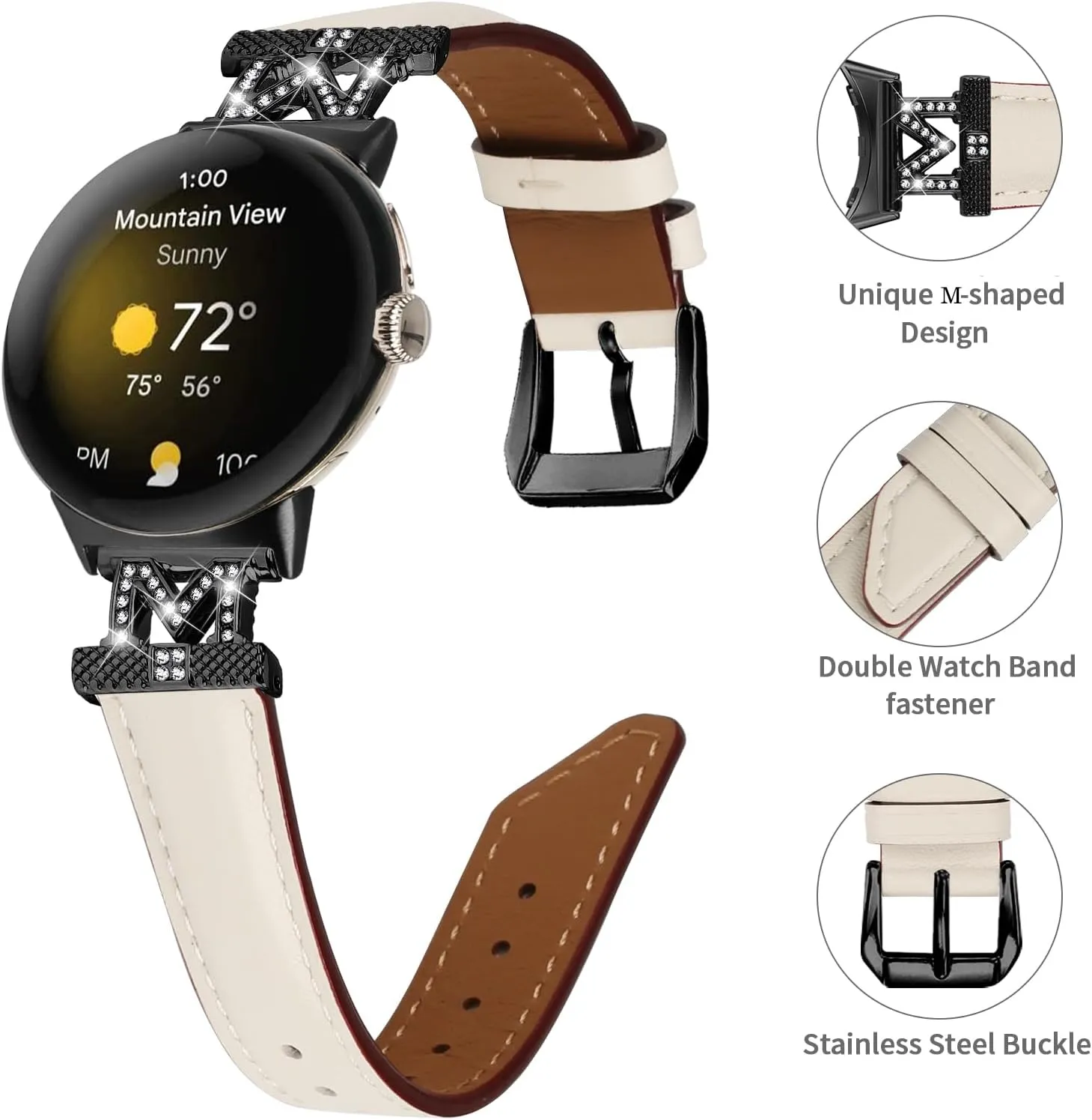 Straps Compatible with Google derivative instability detect Pixel Watch 2/Pixel Watch Strap, Genuine Leather Band Metal Bling Replacement Watch Strap Wristband Bracelet for Google Pixel Watch 2 Women Men Leather 