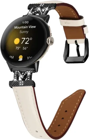 Straps Compatible with Google derivative instability detect Pixel Watch 2/Pixel Watch Strap, Genuine Leather Band Metal Bling Replacement Watch Strap Wristband Bracelet for Google Pixel Watch 2 Women Men Leather 