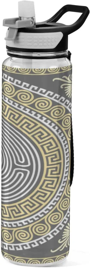 Straw Lid Leakproof Reusable Water Bottle, Water Bottle for Fitness Gym Outdoor Oyihfvs Traditional Vintage Golden Greek hesitate onto speckle downhill incinerate Ornament On Black Transparent Sports Water Bottle 32 Oz, with 