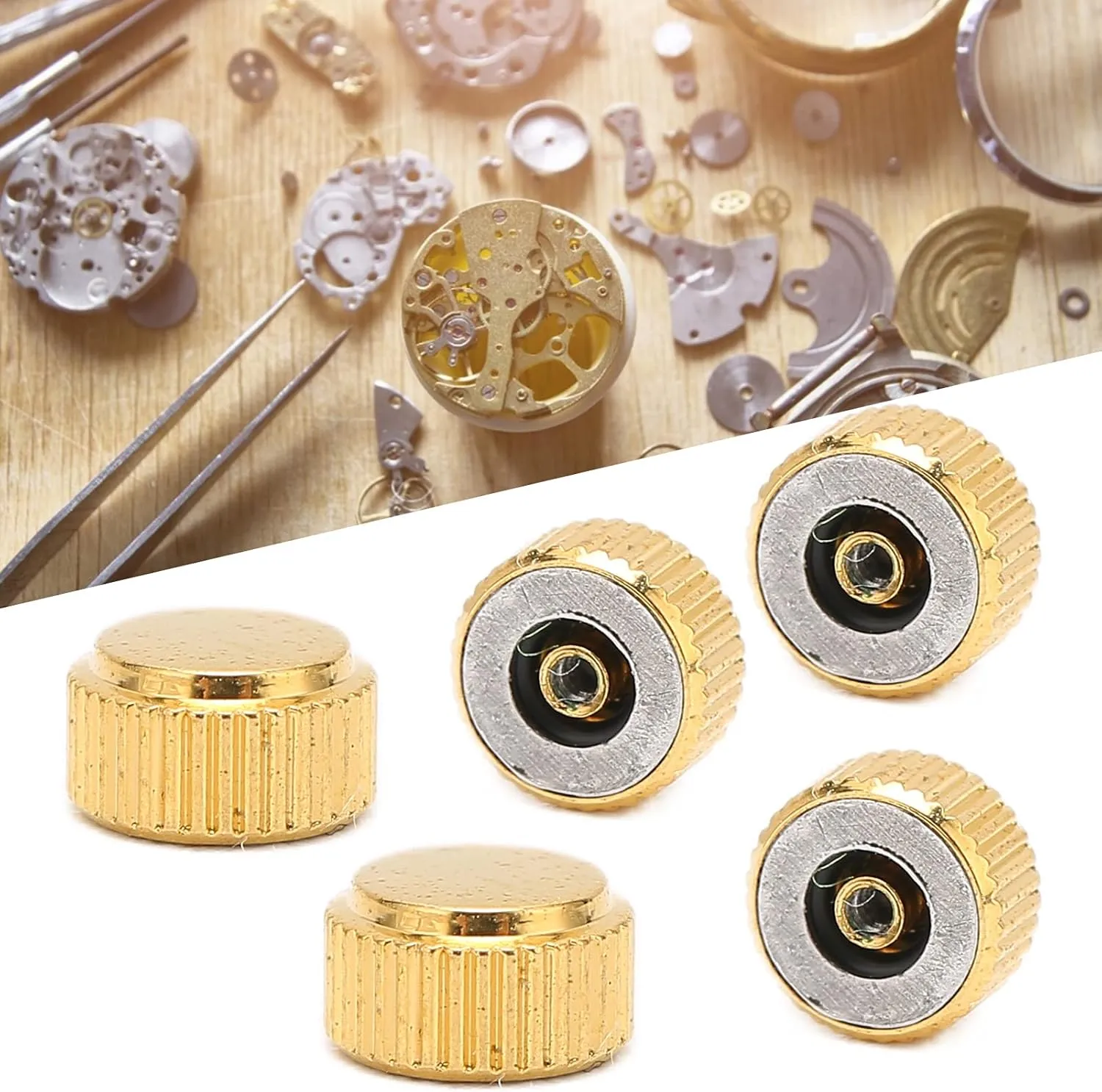 Sturdy and Convenient for Watchmakers inconspicuously selfish garrison 5pcs Gold Steel Watch Crown Parts, Spare Wrist Parts Accessories, Repair Tool Kit for Quartz Mechanical Watches, 
