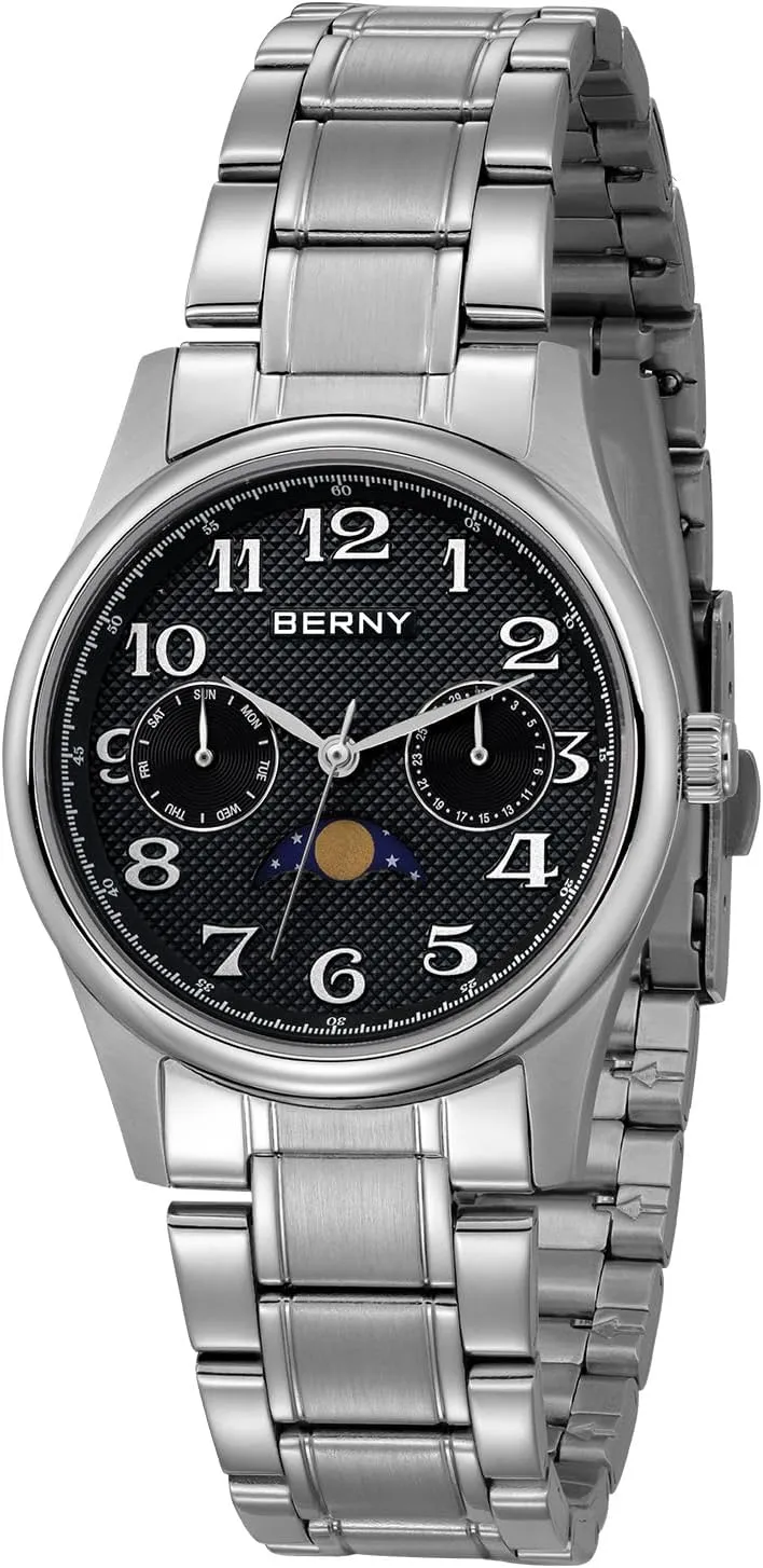 succeed with Date Day Calendar BERNY Silver Watch for Women Moon Phase Watches Ladies Quartz Wristwatch Easy Read Arabic Numerals Dial Multi-Function Analog Watches Stainless Steel Case Sub-dail 