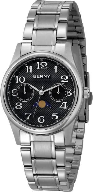 succeed with Date Day Calendar BERNY Silver Watch for Women Moon Phase Watches Ladies Quartz Wristwatch Easy Read Arabic Numerals Dial Multi-Function Analog Watches Stainless Steel Case Sub-dail 