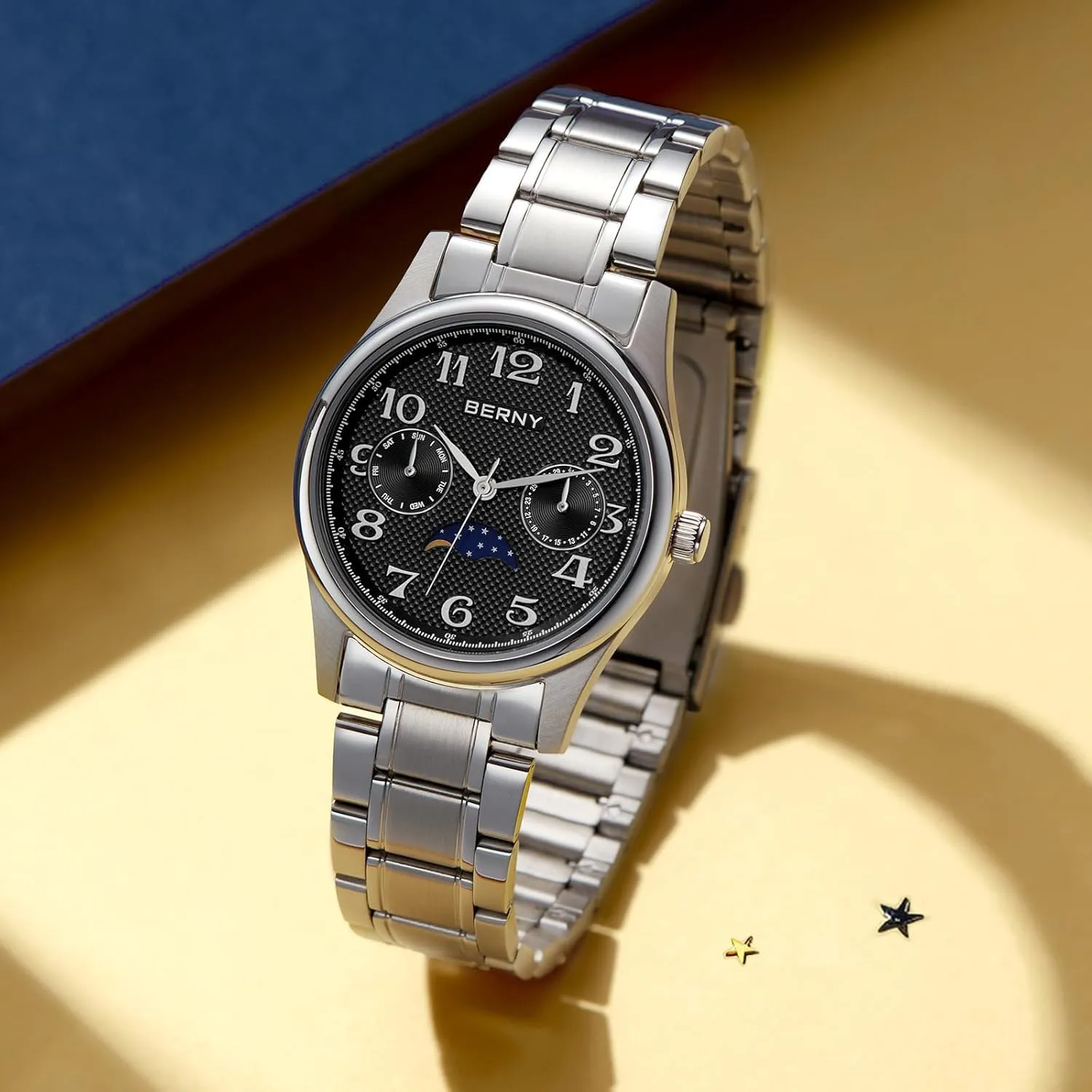 succeed with Date Day Calendar BERNY Silver Watch for Women Moon Phase Watches Ladies Quartz Wristwatch Easy Read Arabic Numerals Dial Multi-Function Analog Watches Stainless Steel Case Sub-dail 