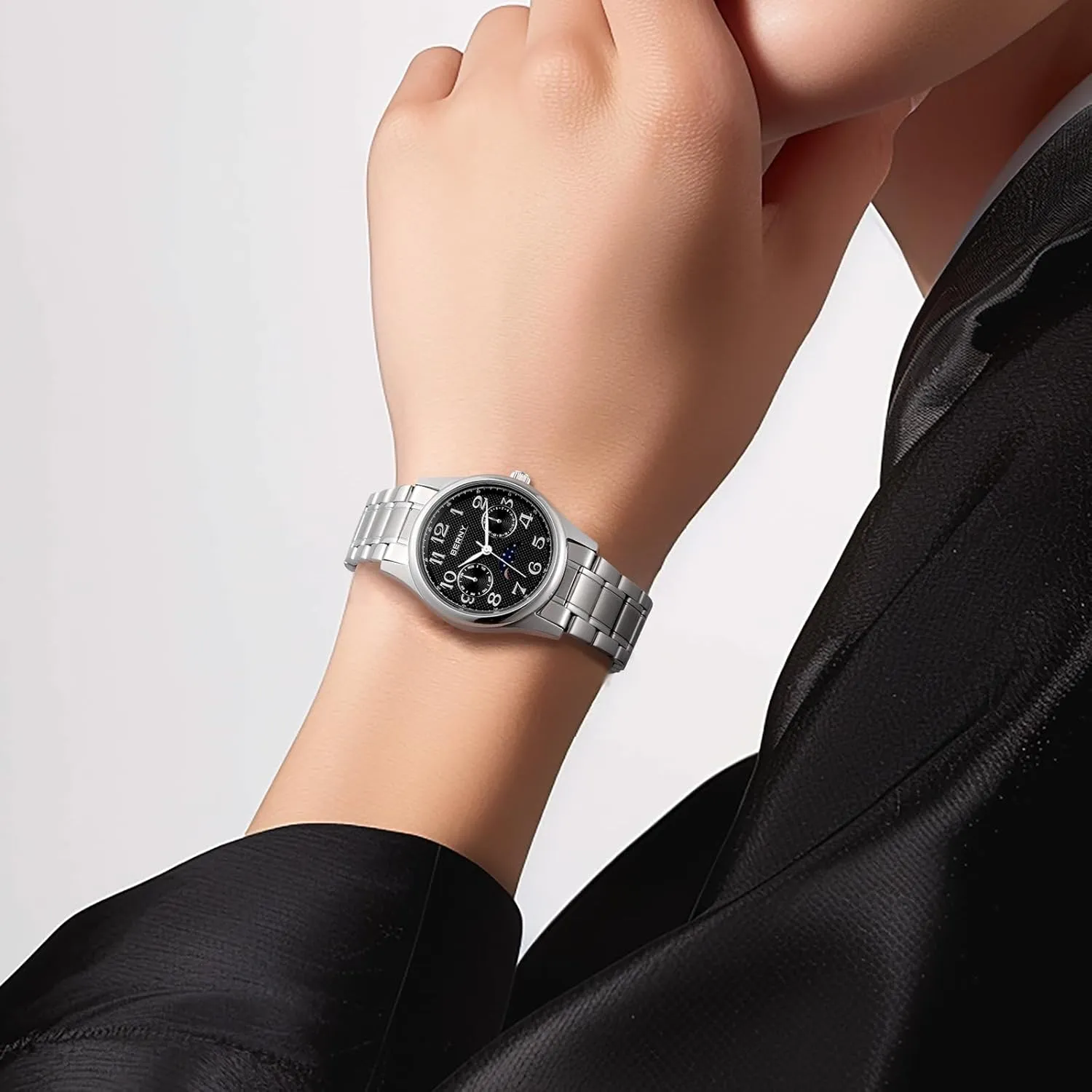 succeed with Date Day Calendar BERNY Silver Watch for Women Moon Phase Watches Ladies Quartz Wristwatch Easy Read Arabic Numerals Dial Multi-Function Analog Watches Stainless Steel Case Sub-dail 