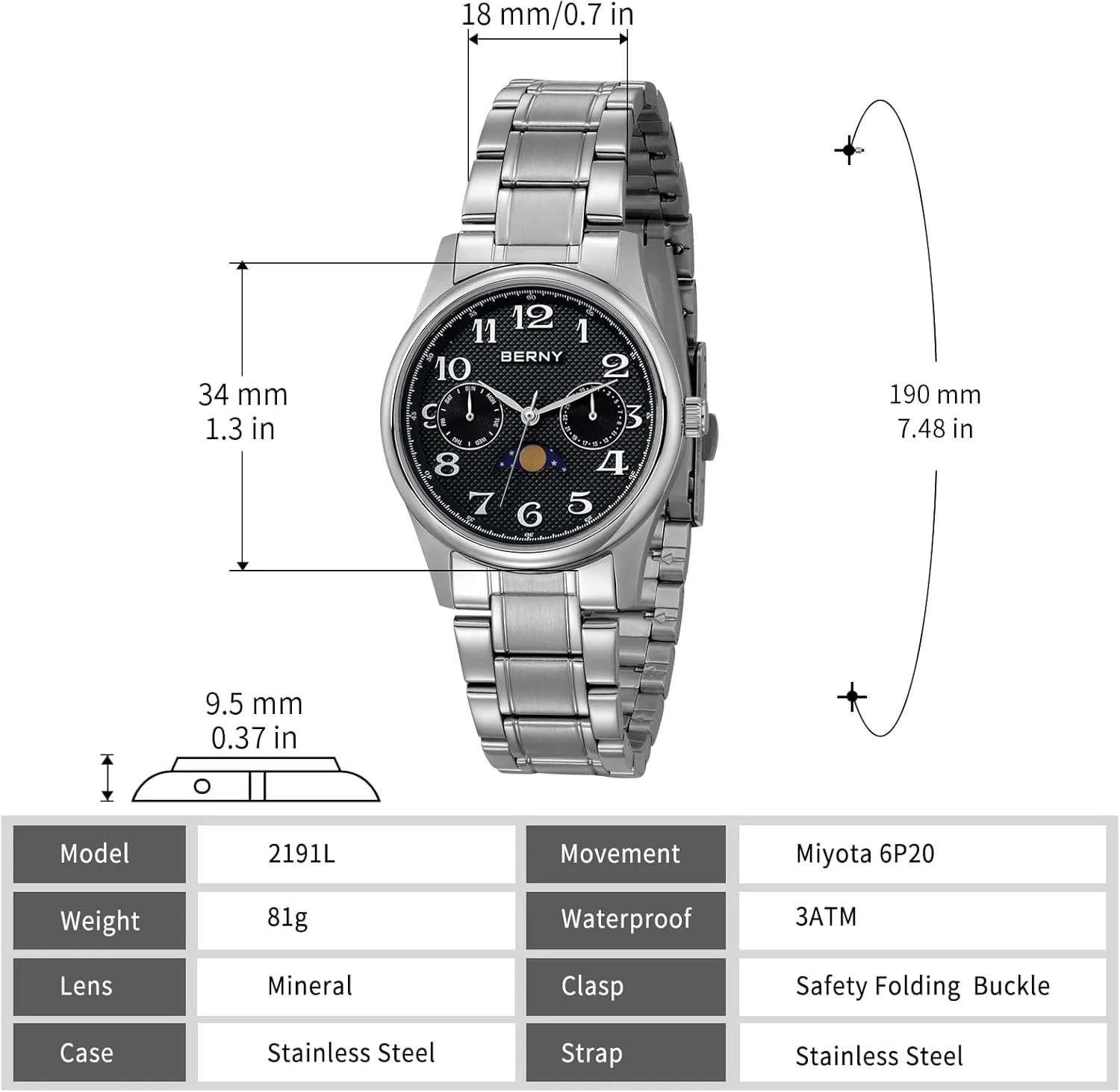 succeed with Date Day Calendar BERNY Silver Watch for Women Moon Phase Watches Ladies Quartz Wristwatch Easy Read Arabic Numerals Dial Multi-Function Analog Watches Stainless Steel Case Sub-dail 
