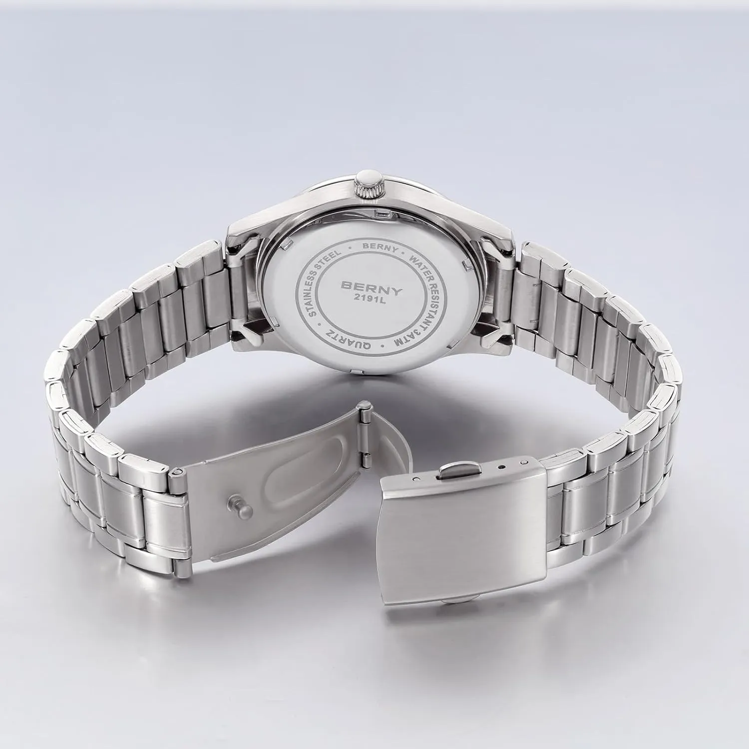 succeed with Date Day Calendar BERNY Silver Watch for Women Moon Phase Watches Ladies Quartz Wristwatch Easy Read Arabic Numerals Dial Multi-Function Analog Watches Stainless Steel Case Sub-dail 