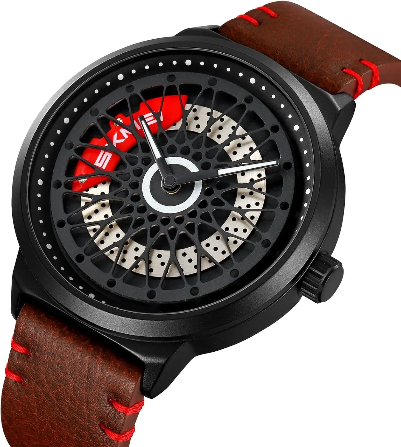 tactic Gift for Car Lovers Gosasa Luxury Men's Car Rim Watch Rotating Hollow Dial Fashion Analog Waterproof Quartz Wristwatch with Stainless Steel Bracelet Band Cool 