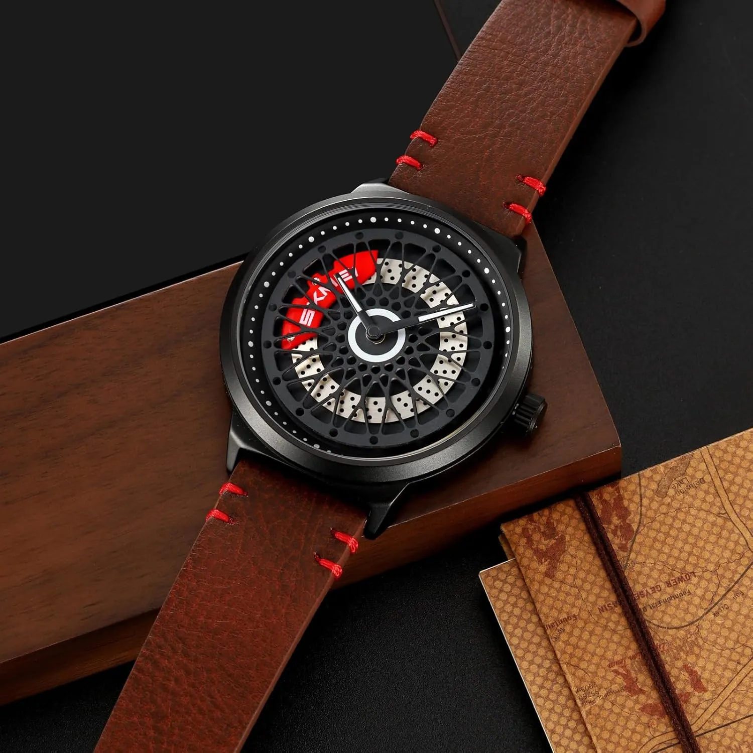 tactic Gift for Car Lovers Gosasa Luxury Men's Car Rim Watch Rotating Hollow Dial Fashion Analog Waterproof Quartz Wristwatch with Stainless Steel Bracelet Band Cool 