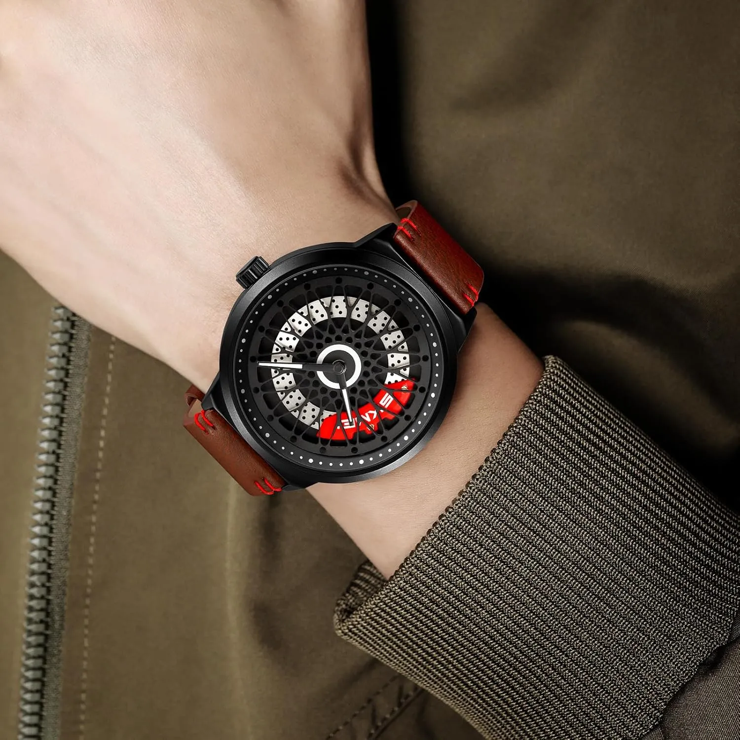 tactic Gift for Car Lovers Gosasa Luxury Men's Car Rim Watch Rotating Hollow Dial Fashion Analog Waterproof Quartz Wristwatch with Stainless Steel Bracelet Band Cool 