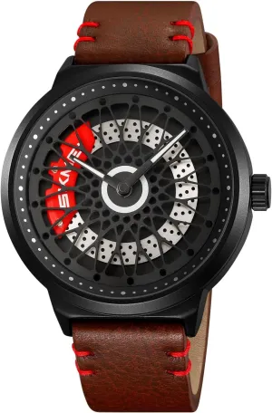 tactic Gift for Car Lovers Gosasa Luxury Men's Car Rim Watch Rotating Hollow Dial Fashion Analog Waterproof Quartz Wristwatch with Stainless Steel Bracelet Band Cool 